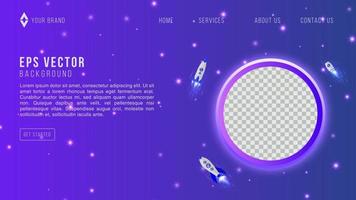 Blue landing page screen sky, development space technology, rocket banner. Vector illustration