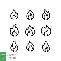Fire flame line icon set. Simple outline style. Flammable logo, bonfire, heat, hot, burn warning concept, light symbol. Thin line vector illustration collection isolated on white background. EPS 10.