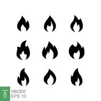 Fire flame icon set. Simple flat style. Passion symbol, flammable logo, grill, heat, hot, burn warning concept, silhouette sign. Vector illustration collection isolated on white background. EPS 10.