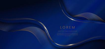 Abstract 3d dark blue background with gold lines curved wavy sparkle with copy space for text. Luxury style template design. vector