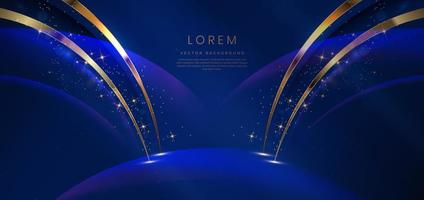 Abstract gold curved on dark blue background with lighting effect and sparkle with copy space for text. Luxury template award design style. vector