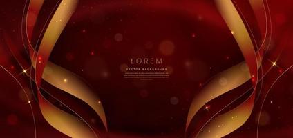 Abstract gold ribbon lighting curved on red background with lighting effect and sparkle bokeh. Luxury design style. vector