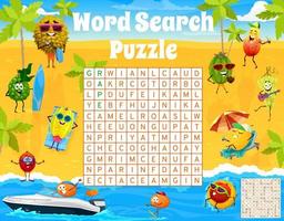 Cartoon fruits on summer beach, word search puzzle vector