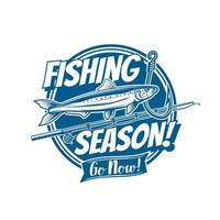 Fishing season icon with sprat fish, rod and hook vector