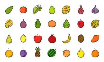 Raw tropical and exotic fruits color line icons vector