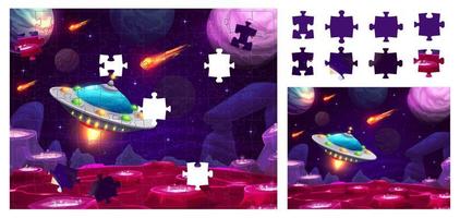 Space landscape and UFO, jigsaw puzzle game pieces vector