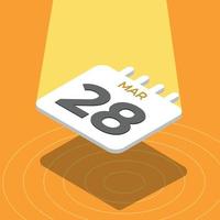 March 28 - 3D calendar floating with spotlight on yellow background vector