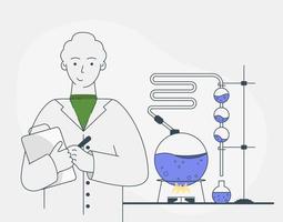 Scientist doing experiment surrounded by lab equipment vector illustration. Man in white coat, chemical researchers with laboratory equipment.