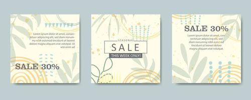 Sale square banner template for social media posts, mobile apps, banners design and internet ads. Trendy abstract square template with botanical illustration vector