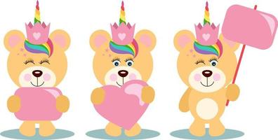 Three cute unicorn teddy bears holding a pink sign boards and heart vector