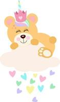 unicornio princesa oso de peluche en la nube con corazones vector