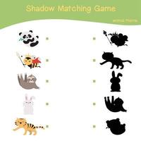 juego de sombras de animales para niños en edad preescolar. hoja de trabajo imprimible educativa. haciendo coincidir las imágenes con la hoja de trabajo de la sombra. archivo vectorial vector