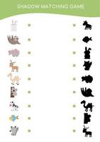 Animals matching shadow game for Preschool Children. Educational printable worksheet. Matching the images with the shadow worksheet. Vector file.