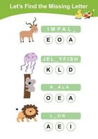 Find missing letter worksheet. Animals Theme Names Worksheet. Educational activity for preschool kids. Writing activity for children. Vector file.