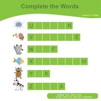 Complete the words. Animals Theme Names Worksheet. Educational activity for preschool kids. Writing activity for children. Vector file