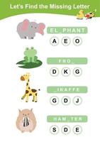 Find missing letter worksheet. Animals Theme Names Worksheet. Educational activity for preschool kids. Writing activity for children. Vector file.