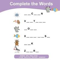 Complete the words. Animals Theme Names Worksheet. Educational activity for preschool kids. Writing activity for children. Vector file