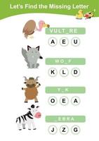 Find missing letter worksheet. Animals Theme Names Worksheet. Educational activity for preschool kids. Writing activity for children. Vector file.