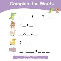 Complete the words. Animals Theme Names Worksheet. Educational activity for preschool kids. Writing activity for children. Vector file