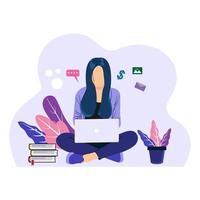 ilustración de una mujer que trabaja frente a una computadora portátil vector