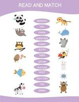 leer y combinar el juego de la hoja de trabajo. alfabeto inglés con conjunto de animales de dibujos animados. unir palabras con imágenes usando juegos de animales divertidos para niños. ilustración vectorial vector