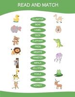leer y combinar el juego de la hoja de trabajo. alfabeto inglés con conjunto de animales de dibujos animados. unir palabras con imágenes usando juegos de animales divertidos para niños. ilustración vectorial vector