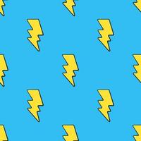 Seamless pattern with cute yellow electric lightning bolts at pop art style on blue background. Weather symbol. Pattern with contour vector