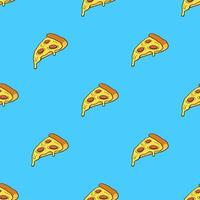 Seamless pattern with pizza slice in pop art style on blue background. Fast food and italian cuisine. Pattern with contour vector