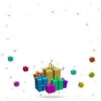 Multicolored gift boxes with confetti on white background. Flying and Falling gift boxes. Vector illustration