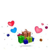 Multicolored surprise gift box with falling confetti and hearts. Gift concept. Vector illustration