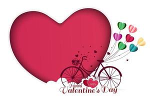 Valentine's Day greeting card with heart shaped balloons tied on a red bike. Big hearts isolated on white background. Vector illustration