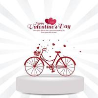 Happy Valentine's day greetings. Red bicycle with heart flying from bicycle basket on top of 3d shape for product display presentation on a background of light rays. Vector illustration