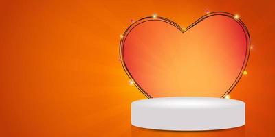 Valentine's Day. Big heart with light and 3d shape for product display presentation with light rays background. Vector illustration