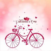 Valentine's day greeting card with hearts flying from bike with romantic bokeh effect background. Vector illustration.