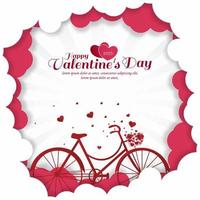 Happy Valentine's day greeting card with hearts flying from bike with light rays background. Vector illustration.