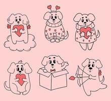 Collection romantic dogs. Cute pets with hearts. Vector illustration in doodle style. Isolated linear hand drawn puppies in love for design and decor of valentines, love postcards, printing.