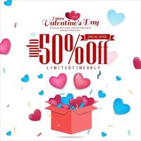 Valentine's Day Sales Concept. Holiday sale banner with confetti and hearts flying out when gift box is opened. web poster, flyer, stylish brochure, greeting card, card. Love background. vector