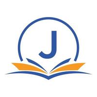 concepto de libro de logotipo de educación letra j. signo de carrera de formación, universidad, diseño de plantilla de logotipo de graduación de academia vector