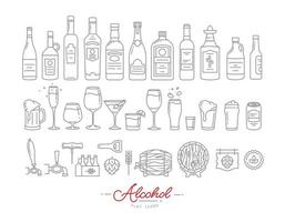 Set of alcohol icons in flat style drawing with grey lines on white background vector