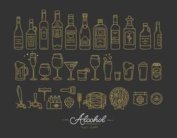 Set of alcohol icons in flat style drawing with gold lines on black background vector