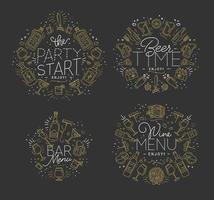 Set of alcohol monograms in flat style drawing with gold lines on dark background vector