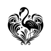 Flamingos in ornate heart-shaped thickets. Ornamental illustration for logo, emblem, embroidery, woodburning, crafting. vector