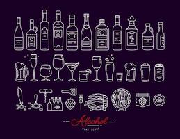 Set of alcohol icons in flat style drawing with white lines on violet background vector