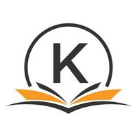 concepto de libro de logotipo de educación de letra k. signo de carrera de formación, universidad, diseño de plantilla de logotipo de graduación de academia vector