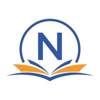 concepto de libro de logotipo de educación letra n. signo de carrera de formación, universidad, diseño de plantilla de logotipo de graduación de academia vector