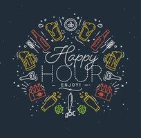 Alcohol monogram in flat style lettering happy hour enjoy drawing with color lines on dark background vector