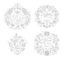 Set of alcohol monograms in flat style drawing with grey lines on white background vector