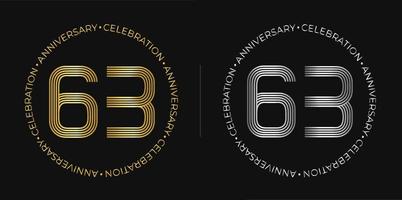 63th birthday. Sixty-three years anniversary celebration banner in golden and silver colors. Circular logo with original numbers design in elegant lines. vector