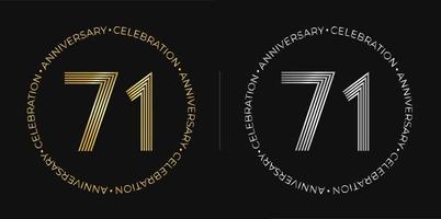 71th birthday. Seventy-three years anniversary celebration banner in golden and silver colors. Circular logo with original numbers design in elegant lines. vector