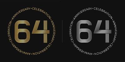 64 cumpleaños. Banner de celebración de aniversario de sesenta y cuatro años en colores dorado y plateado. logo circular con diseño de números originales en líneas elegantes. vector